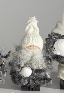 Fårskinnstomte med snöboll, vit luva / Santa in Sheepskin with snowball, knitted legs, white hood H 14 cm